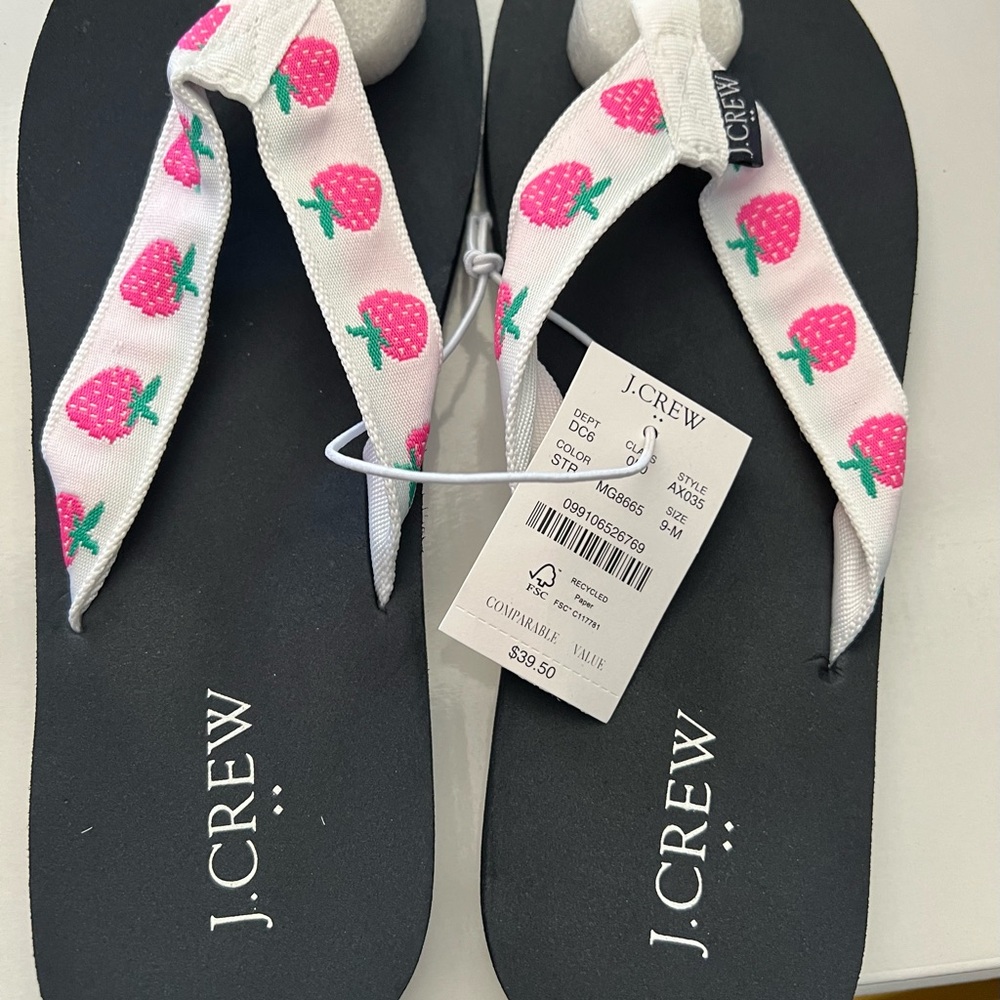 NWT J Crew Factory Embroidered with Pink Strawberry Design Flip Flops